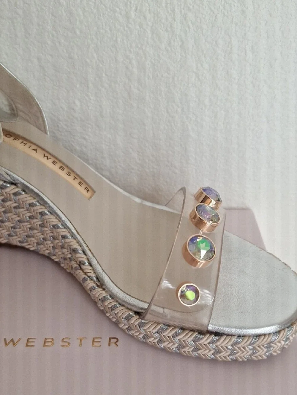Sophia Webster Silver Wedge Sandals with Iridescent Gem Details